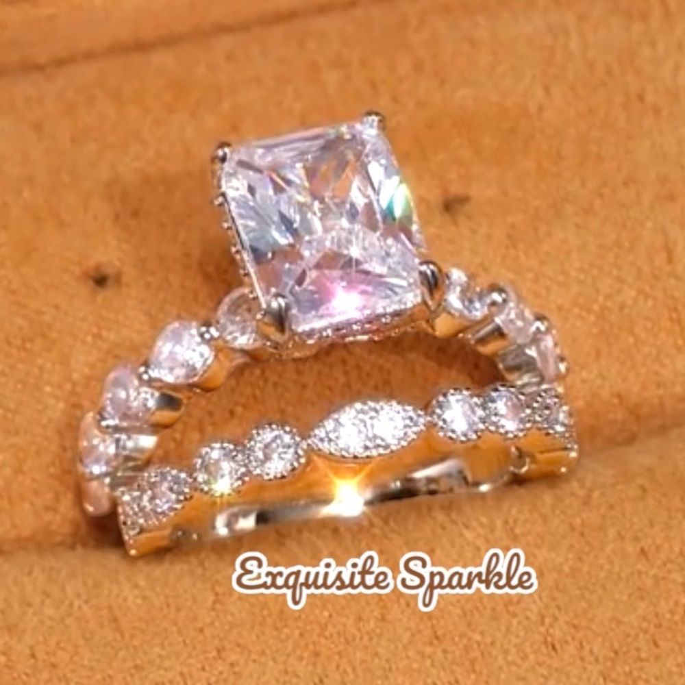 💍Stunning 18k White GP 2 Piece Radiant Cut Diamond Bridal Set - Picture 2 of 15